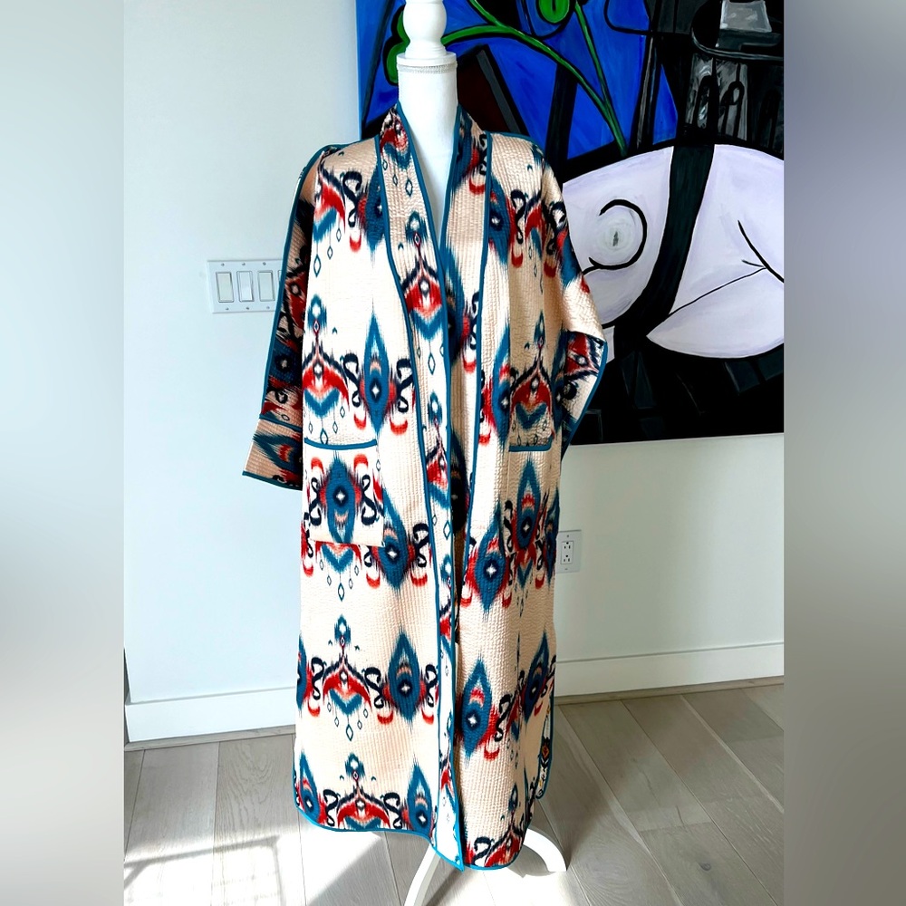 FASHION HANDMADE QUILTED REVERSIBLE KIMONO COAT COTTON SILK SIZE L